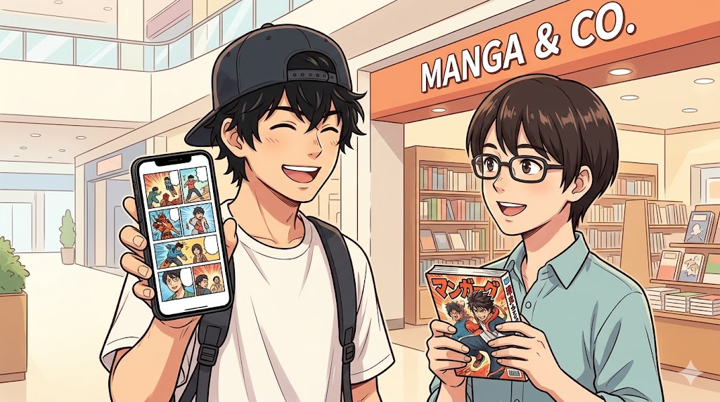 スマートフォンで縦読みWebtoonを読む日本人男性と、紙のマンガ単行本を持つ友人男性が並んで笑顔でいる
