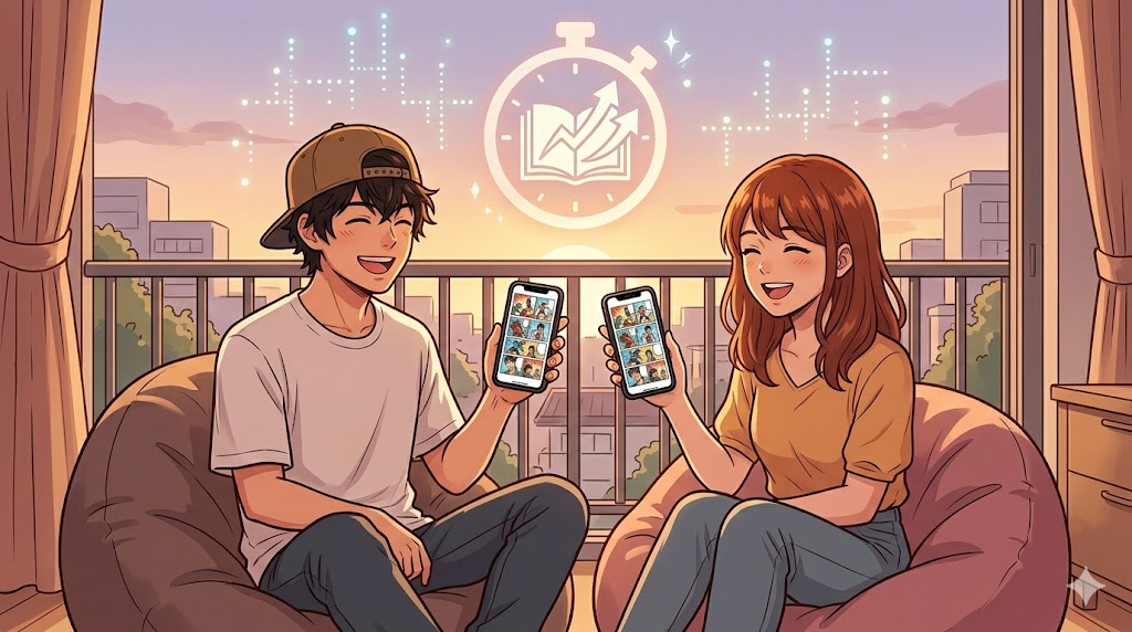 夕暮れのテラスでくつろぎながら、スマートフォンで複数のマンガ作品を同時に楽しむ