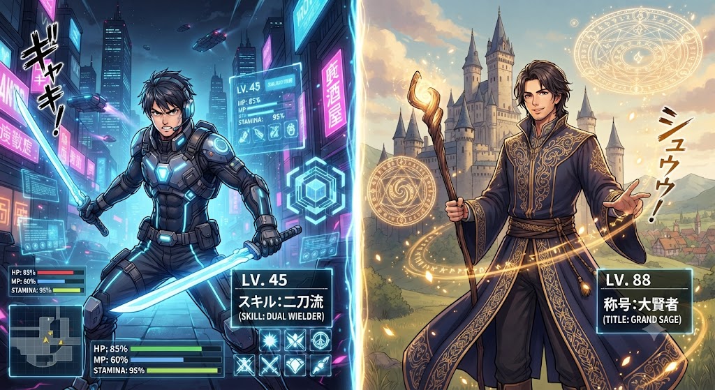 VRMMOのゲーマーと異世界転生の魔法使いを左右に描き、両ジャンルの違いを比較