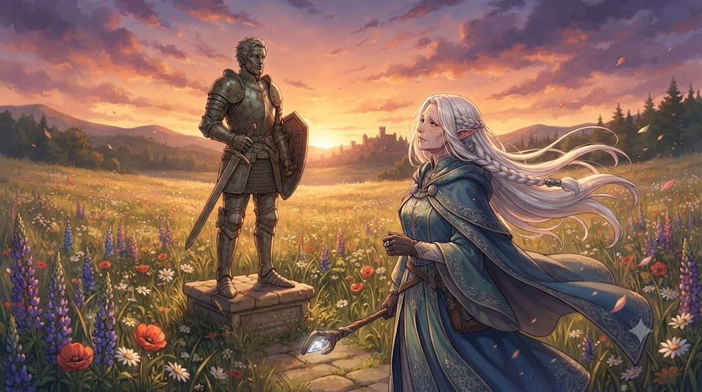 エルフの女性魔法使いが、夕暮れ時の花畑で、かつて共に冒険した仲間の勇者の像を静かに見つめている