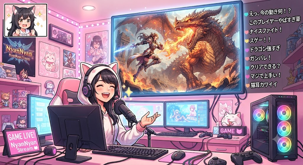ゲーム配信画面とリアルタイムコメントに囲まれながら、VTuberアバターで実況する