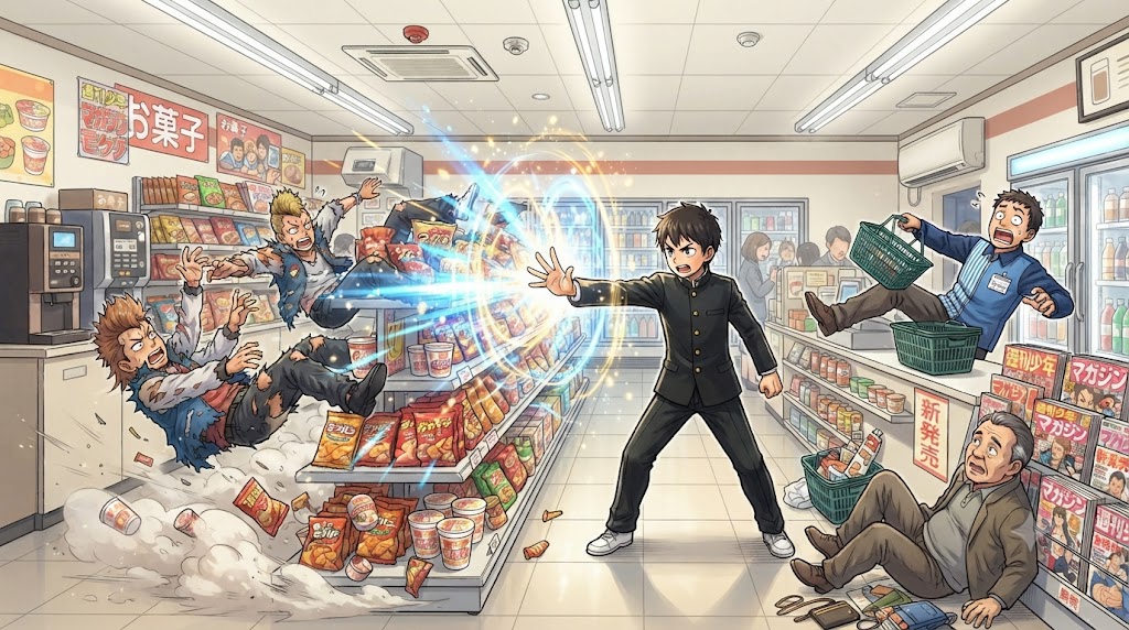 コンビニの棚の前で、異世界帰還者とおぼしき青年が圧倒的な魔法力でチンピラを吹き飛ばし、周囲の客が驚愕している