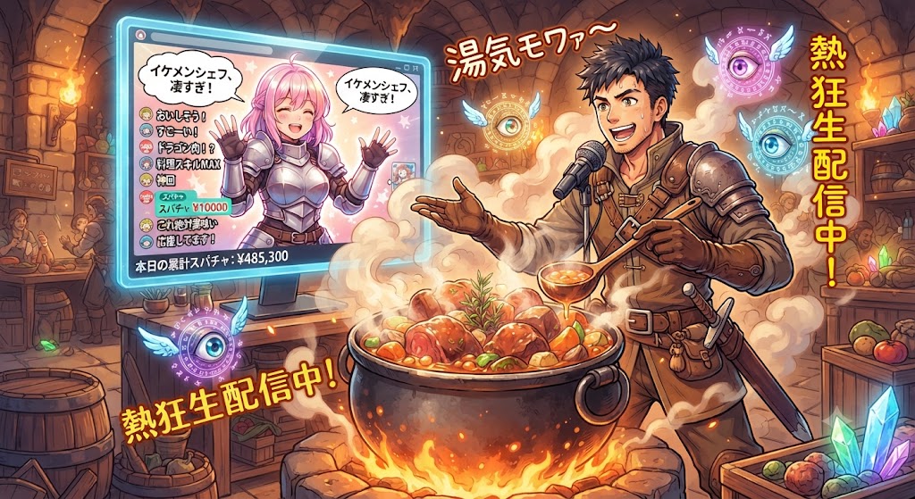 ダンジョンで魔法の食材を調理し、ファンタジーグルメVTuberとして配信する