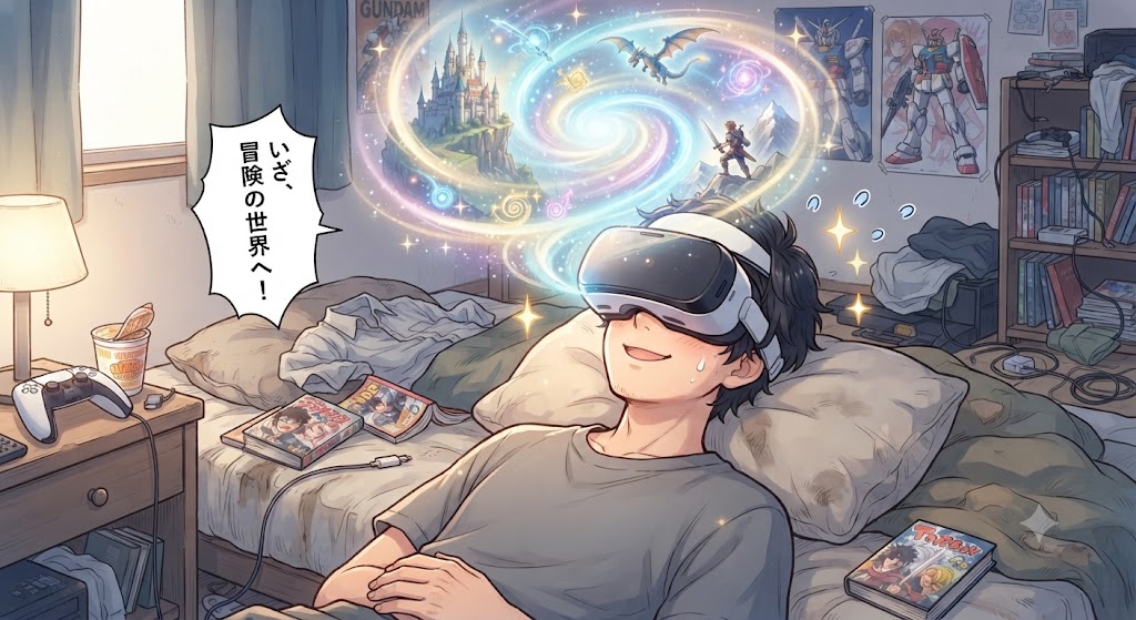 ベッドでVRヘッドギアを装着し、ファンタジー世界への没入を夢見る
