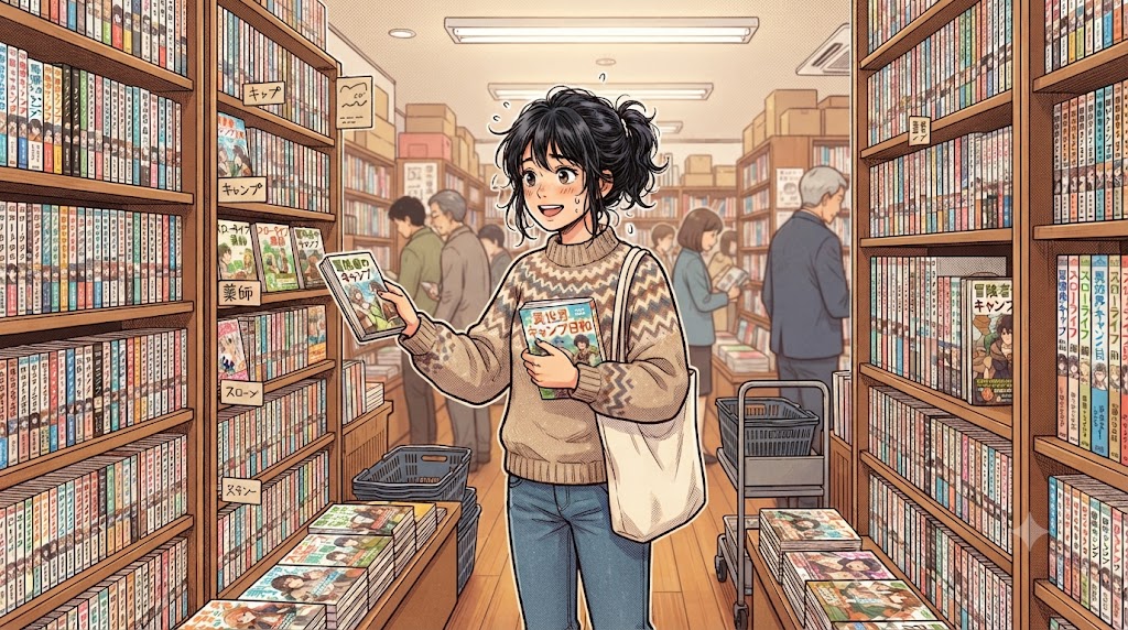 女性読者が、様々な漫画雑誌やコミックスに囲まれながら、どれを読もうか楽しそうに悩んでいる