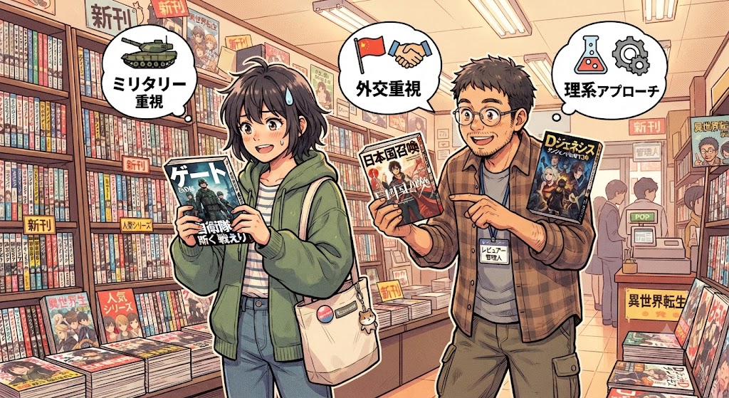 書店で、様々なタイプの異世界ゲート漫画を前に、どれを読もうか楽しそうに選んでいる