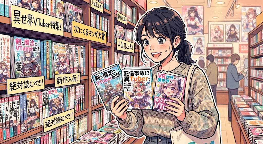 漫画コーナーでホロライブなどの既存IP拡張やオリジナル作品など、様々な異世界VTuber漫画の棚から本を選ぶ