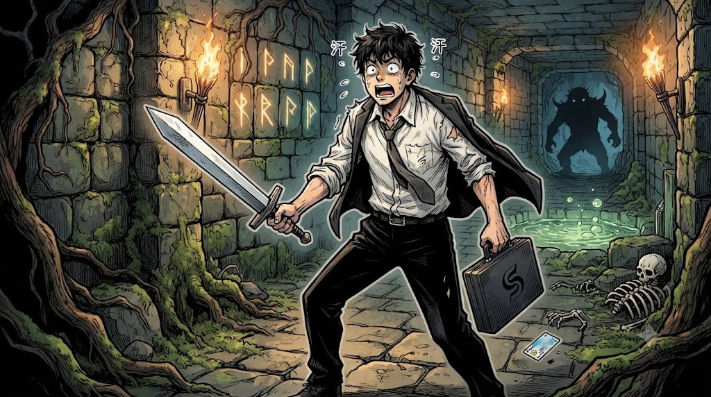 現代のサラリーマンが、魔法使いや戦士たちが闊歩するファンタジー世界のダンジョンに転生し、驚きながらも剣を構える