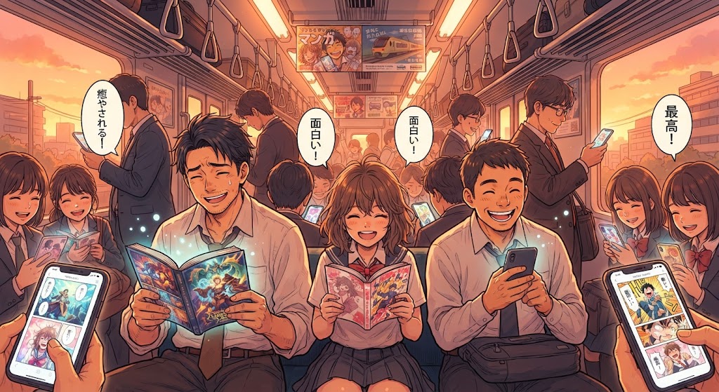 現代日本の通勤・通学中にスマホで異世界マンガを読み、日々のストレスを解消している読者たち