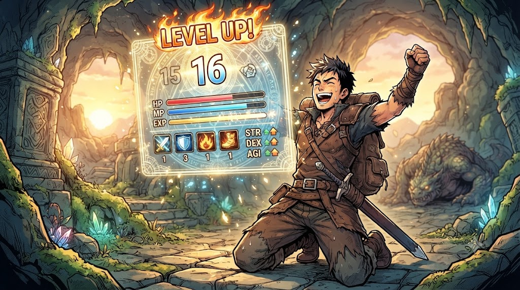 男性キャラクターが冒険を経て経験値を積み、ゲームのような輝くステータス画面とレベルアップ表示に喜んでいる