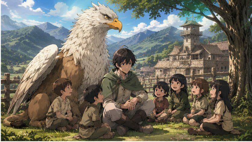 異世界の村で子供たちと主人公を見守る巨大なグリフォン、キャラクターと神獣の共存