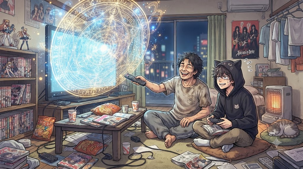 異世界帰還者のおじさんが、現代日本のリビングでスマホを片手に、超巨大な魔法陣を展開してテレビを視聴している