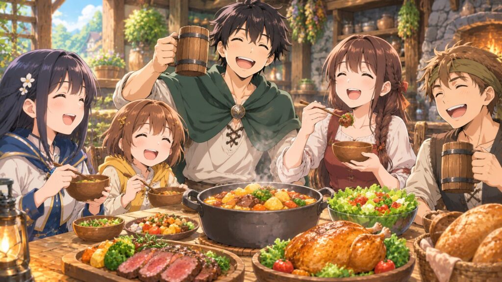 自分たちで作り上げた美味しい料理が乗ったテーブルを囲んで、笑顔で楽しく食事をしている