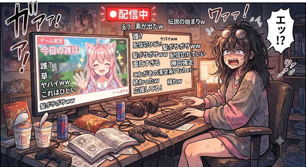 配信を切り忘れてしまい、ジャージ姿でぐうたらしている素の自分と、可愛いVTuberアバターのギャップに驚く