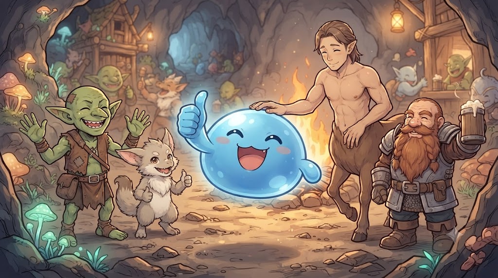 青く愛らしいスライム姿のキャラクターが、ゴブリンやドワーフ、オーガなどの仲間に囲まれ、親指を立てて笑顔を見せている