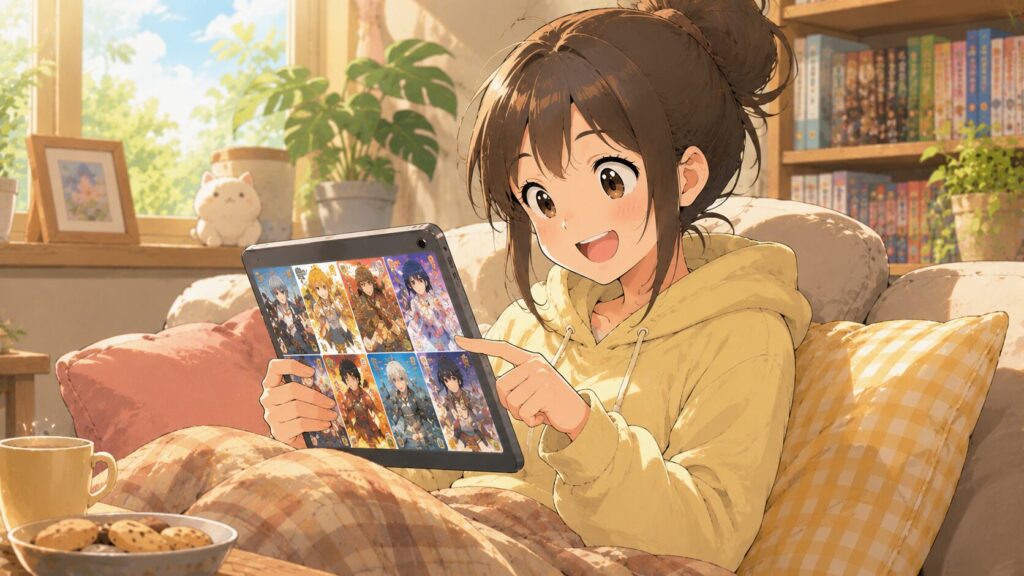 どのマンガを読もうかタブレットを見ながらワクワクしながら選んでいる
