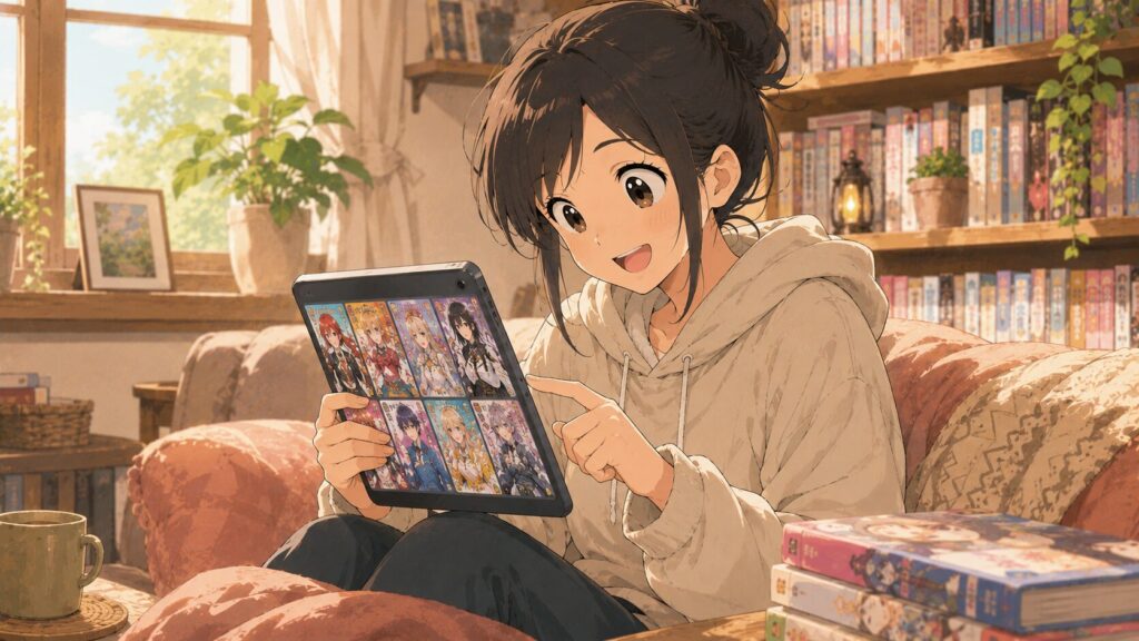 タブレットでマンガの作品選びを楽しんでいる