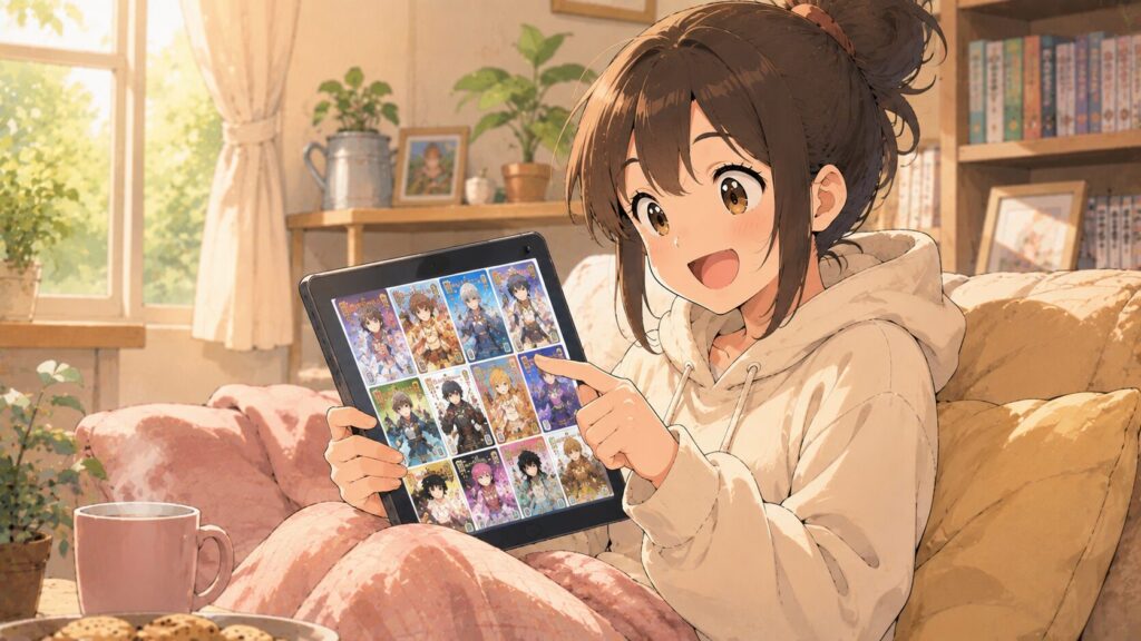 タブレット端末で読みたいマンガを選んでいる