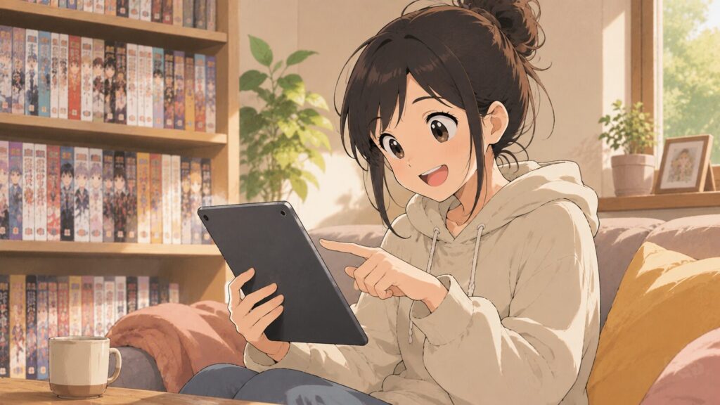 タブレット端末を見ながらどれを読もうか楽しそうに選んでいる