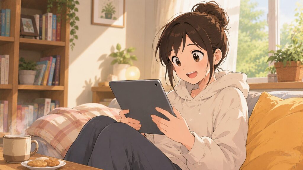 リラックスした部屋でタブレット端末を使って電子書籍の最新話をチェックしている