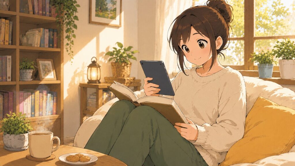 リラックスした部屋で電子書籍や本を開きながら穏やかな時間を過ごしている