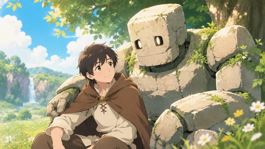 優しい表情の主人公とそばに寄り添うゴーレムの姿