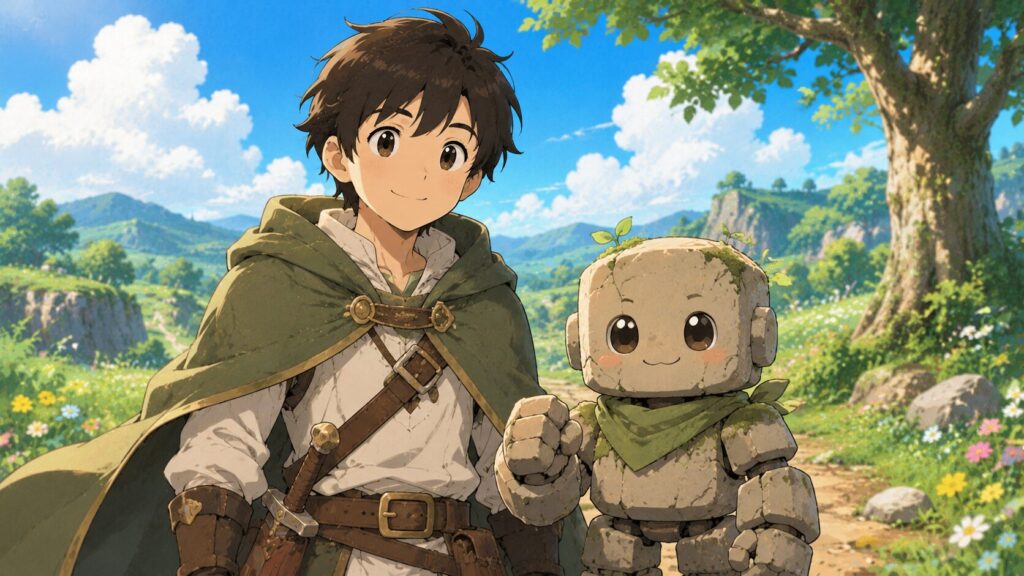 冒険者風の装いをしたキャラクターとちびキャラのゴーレムが並んで微笑んでいる