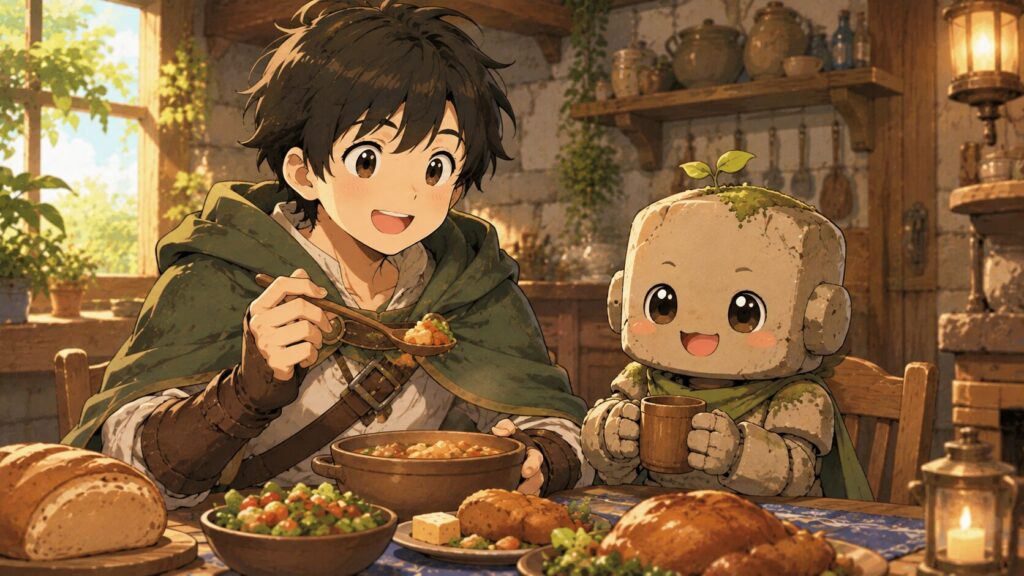 冒険者風の装いをしたキャラクターと可愛い相棒が並んで食事を楽しむ