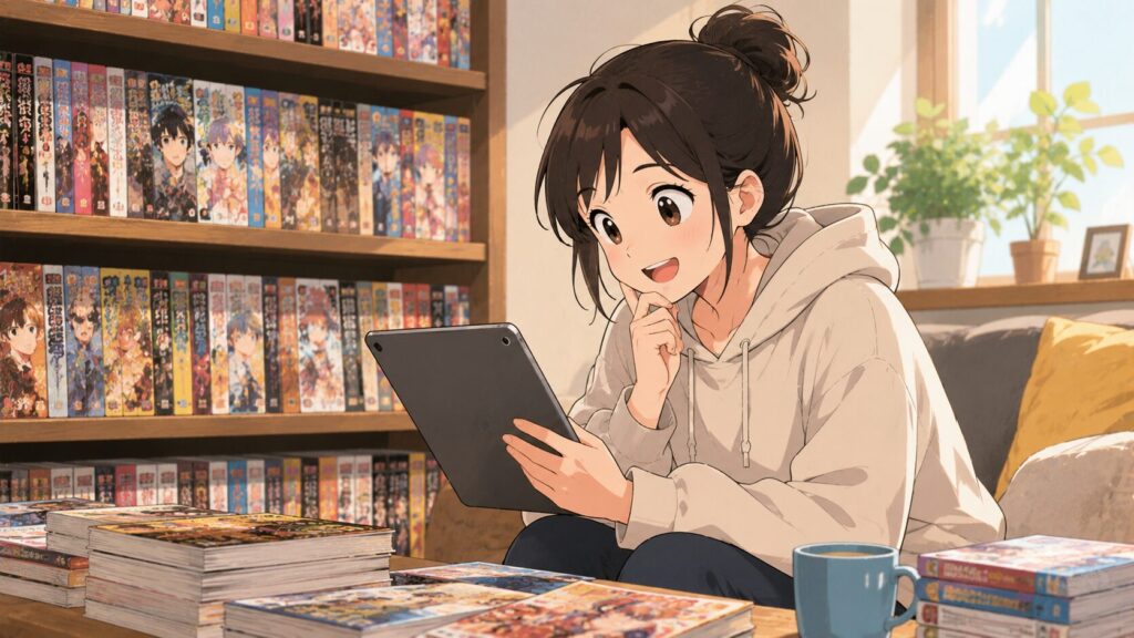 楽しそうにコミックの棚やタブレットを見ながらどれを読もうか選んでいる