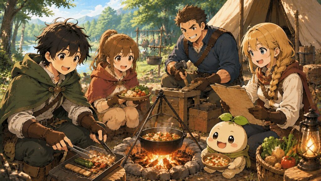 焚き火を囲みながらサバイバル生活の準備をする