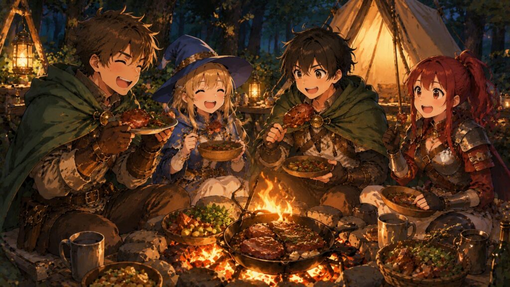 焚き火を囲んで美味しいジビエ料理をみんなで味わっている