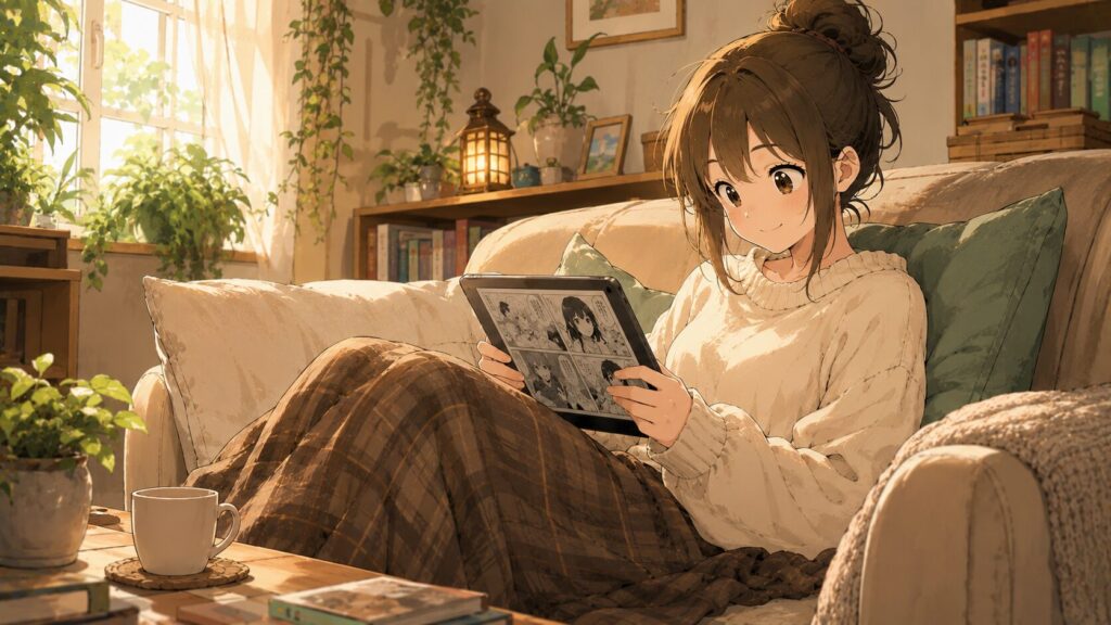 自宅でリラックスしながら電子書籍のマンガを読んでいる