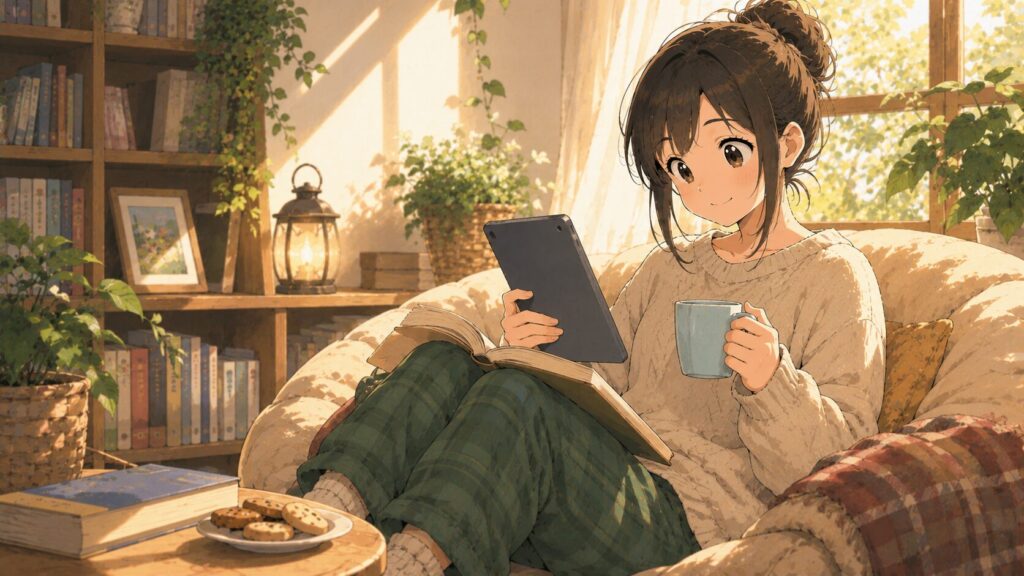 自宅の部屋でリラックスしながら電子書籍で読書を楽しむ