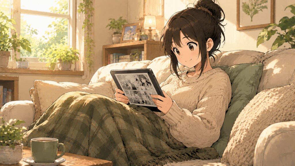 落ち着いた部屋でリラックスしながら電子書籍のマンガを読み進めている